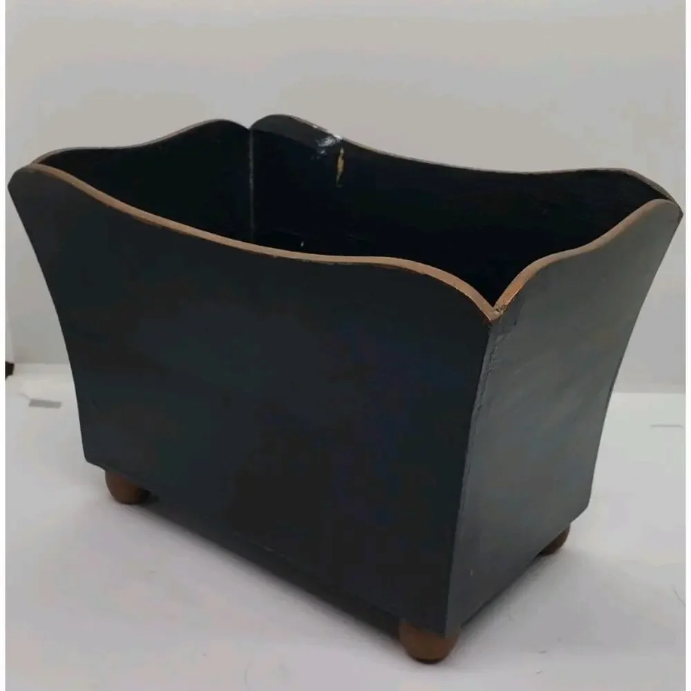 Vintage Toleware Hand Painted Roses Black Jardiniere Cache Pot Decor Vanity - Picture 5 of 12
